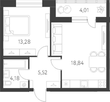 Планировка — Первый Академ, 2-комн., 42 м²