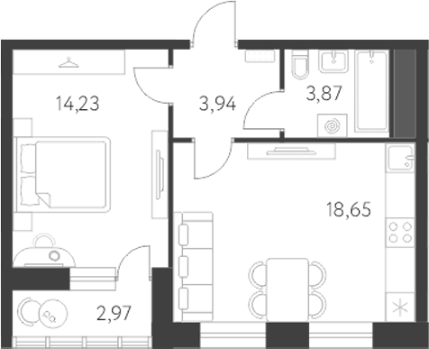 Планировка — Первый Академ, 2-комн., 41 м²