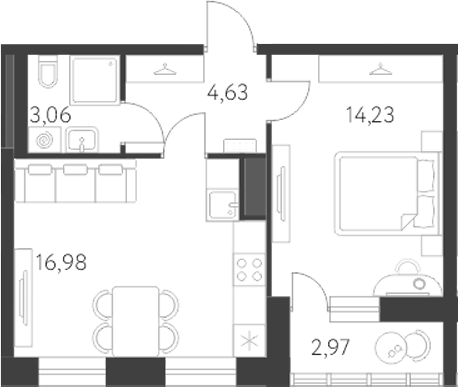 Планировка — Первый Академ, 2-комн., 39 м²