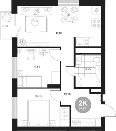 Планировка — Эхо леса, 2-комн., 56 м²