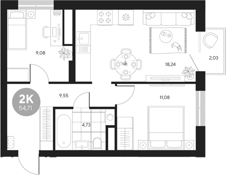 Планировка — Эхо леса, 2-комн., 53 м²