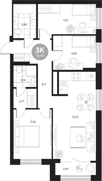 Планировка — Эхо леса, 3-комн., 73 м²