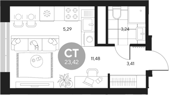 Планировка — Эхо леса, Студия, 23 м²