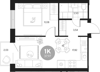 Планировка — Эхо леса, 1-комн., 36 м²