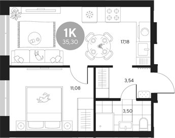 Планировка — Эхо леса, 1-комн., 35 м²