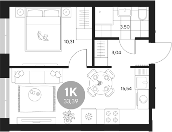 Планировка — Эхо леса, 1-комн., 33 м²