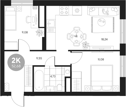 Планировка — Эхо леса, 2-комн., 53 м²