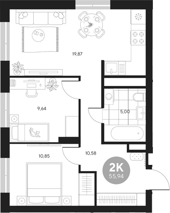 Планировка — Эхо леса, 2-комн., 56 м²