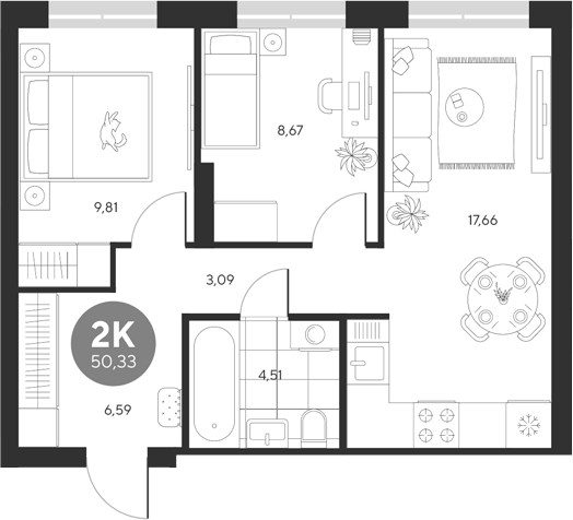 Планировка — Эхо леса, 2-комн., 50 м²