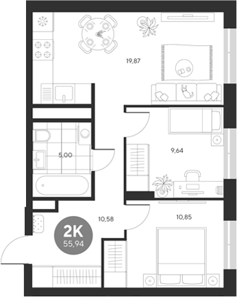 Планировка — Эхо леса, 2-комн., 56 м²