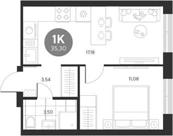 Планировка — Эхо леса, 1-комн., 35 м²