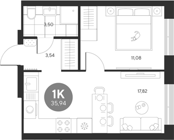 Планировка — Эхо леса, 1-комн., 36 м²