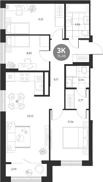 Планировка — Эхо леса, 3-комн., 73 м²