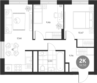 Планировка — Эхо леса, 2-комн., 53 м²