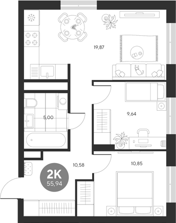 Планировка — Эхо леса, 2-комн., 56 м²