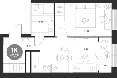 Планировка — Эхо леса, 1-комн., 37 м²