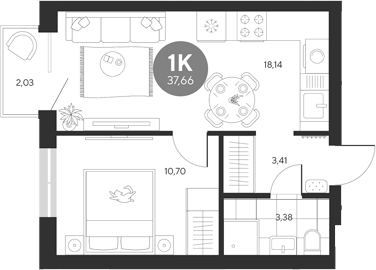Планировка — Эхо леса, 1-комн., 36 м²