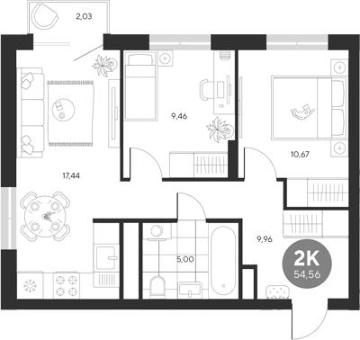 Планировка — Эхо леса, 2-комн., 53 м²