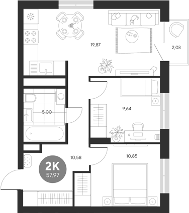 Планировка — Эхо леса, 2-комн., 56 м²