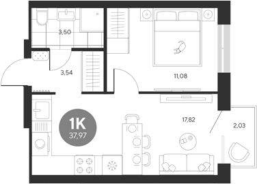 Планировка — Эхо леса, 1-комн., 36 м²
