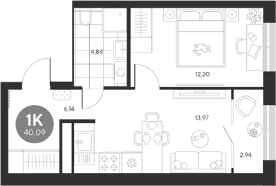 Планировка — Эхо леса, 1-комн., 37 м²
