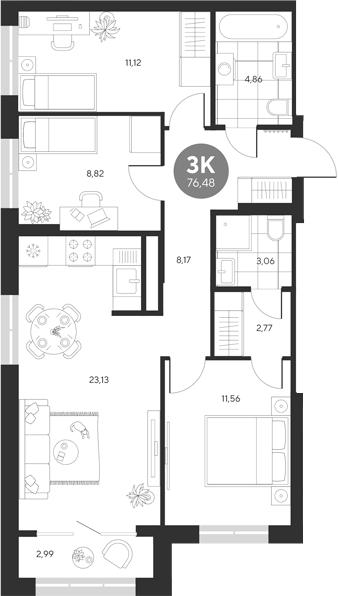 Планировка — Эхо леса, 3-комн., 73 м²