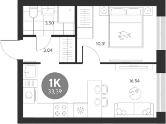 Планировка — Эхо леса, 1-комн., 33 м²