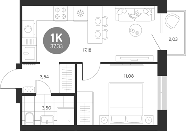 Планировка — Эхо леса, 1-комн., 35 м²