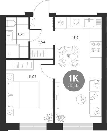 Планировка — Эхо леса, 1-комн., 36 м²