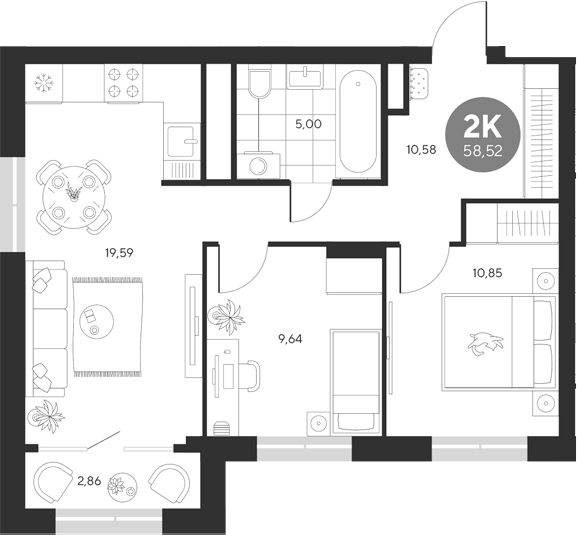 Планировка — Эхо леса, 2-комн., 56 м²