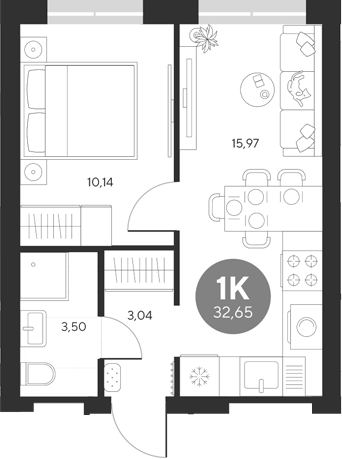 Планировка — Эхо леса, 1-комн., 33 м²