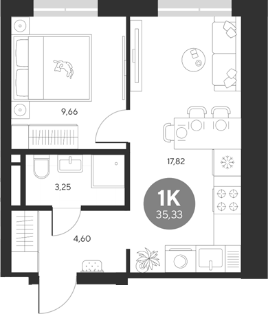 Планировка — Эхо леса, 1-комн., 35 м²