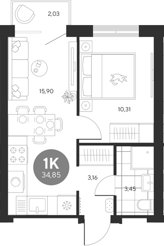 Планировка — Эхо леса, 1-комн., 33 м²