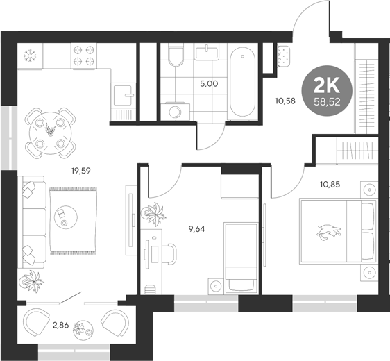 Планировка — Эхо леса, 2-комн., 56 м²