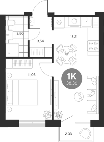 Планировка — Эхо леса, 1-комн., 36 м²