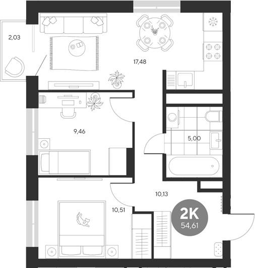 Планировка — Эхо леса, 2-комн., 53 м²