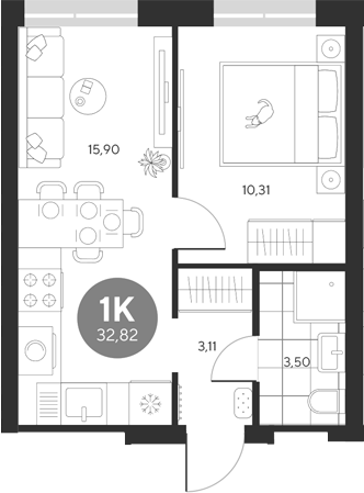 Планировка — Эхо леса, 1-комн., 33 м²