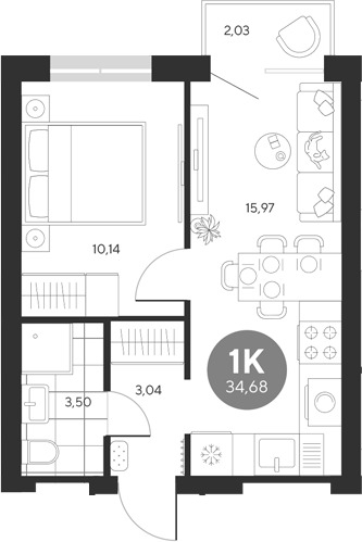 Планировка — Эхо леса, 1-комн., 33 м²