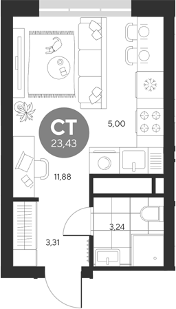 Планировка — Эхо леса, Студия, 23 м²