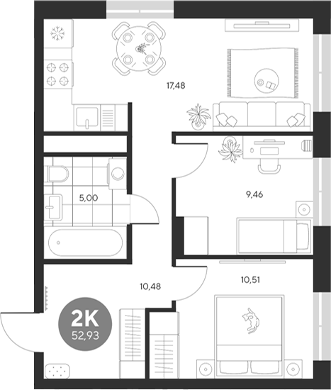 Планировка — Эхо леса, 2-комн., 53 м²