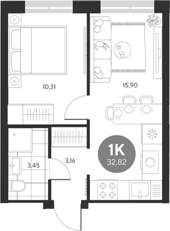 Планировка — Эхо леса, 1-комн., 33 м²