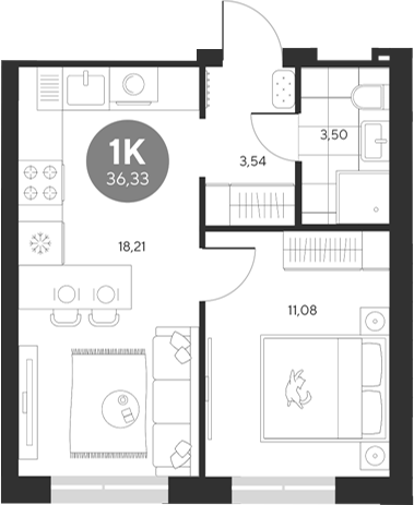Планировка — Эхо леса, 1-комн., 36 м²