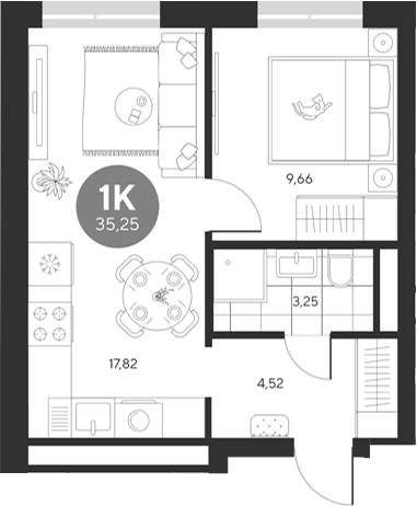 Планировка — Эхо леса, 1-комн., 35 м²