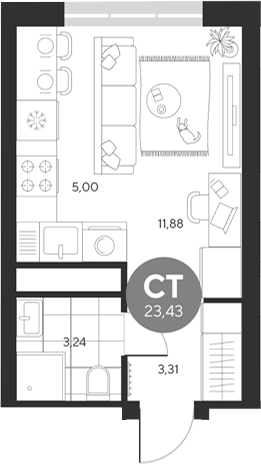 Планировка — Эхо леса, Студия, 23 м²