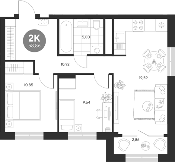 Планировка — Эхо леса, 2-комн., 56 м²