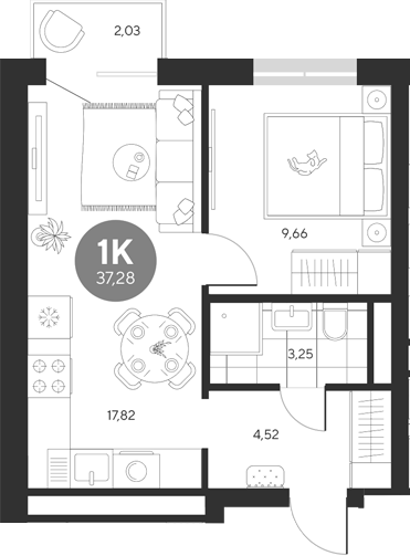 Планировка — Эхо леса, 1-комн., 35 м²