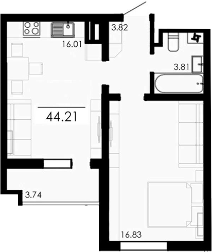 Планировка — Крокус, 1-комн., 40 м²