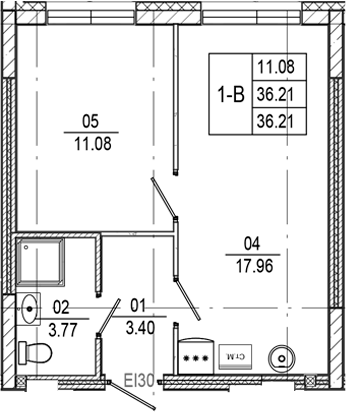 Планировка — Progress Встречный, 1-комн., 36 м²