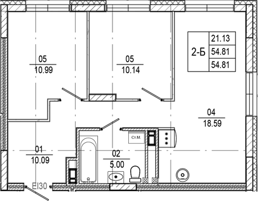 Планировка — Progress Встречный, 2-комн., 55 м²