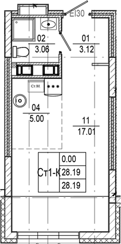 Планировка — Progress Встречный, Студия, 28 м²